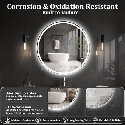 Round LED Bathroom Mirror, 20 Inch, HD Shatterproof Tempered Glass | Lighted Bathroom Mirror with Dimmable Lights Bathroom Mirror with Lights for Wall, 3 Color Temperatures