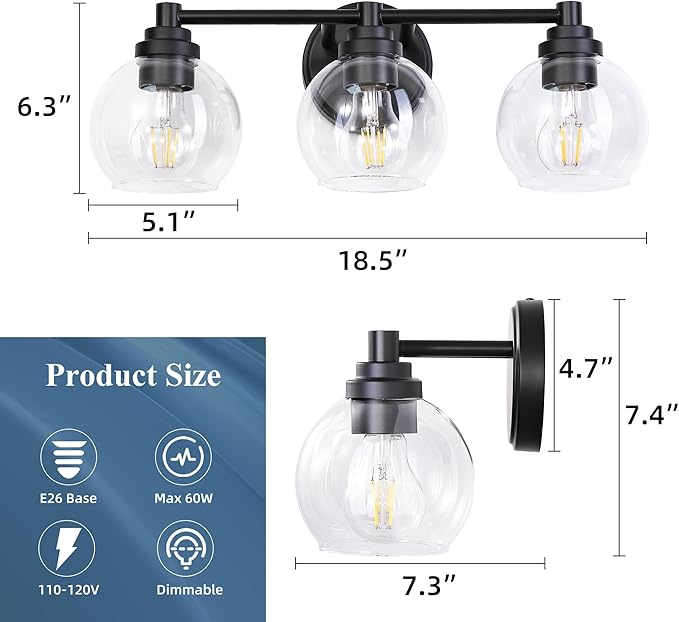 Upgrade Matte Black Bathroom Light Fixtures, Modern Vanity Light with Globe Glass Shade, 3-Light Bathroom Lights Over Mirror, Vanity Lights for Bathroom Bedroom Kitchen Hallway Living Room