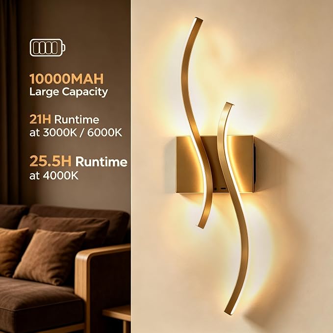 Battery Operated USB Rechargeable Wall Sconce, Gold Dimmable LED | Wireless Wall Light with Remote Control, 10000mAh, 3000K-6000K, Minimalist, For Bedroom Hallway Background Staircase, 1 Pack