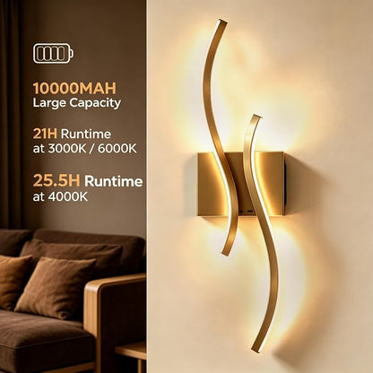 Battery Operated USB Rechargeable Wall Sconce, Gold Dimmable LED | Wireless Wall Light with Remote Control, 10000mAh, 3000K-6000K, Minimalist, For Bedroom Hallway Background Staircase, 1 Pack