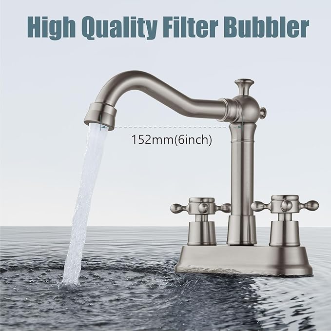 Aolemi 4 Inch Centerset Bathroom Sink Faucet Vintage 2 Cross Handle RV Mixer Tap Basin Vanity Lavatory Utility for Sink 3 Hole Include Hoses Pop Up Drain Faucet Handle Without Label Brushed Nickel