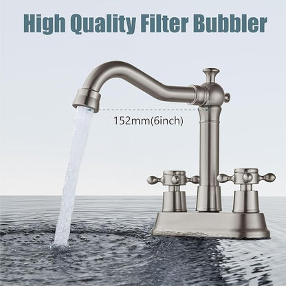 Aolemi 4 Inch Centerset Bathroom Sink Faucet Vintage 2 Cross Handle RV Mixer Tap Basin Vanity Lavatory Utility for Sink 3 Hole Include Hoses Pop Up Drain Faucet Handle Without Label Brushed Nickel