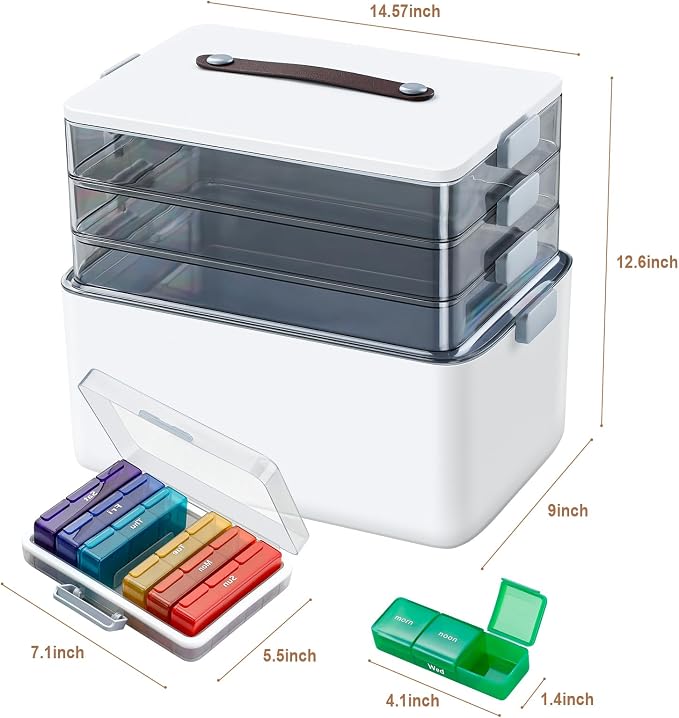 MOPUP 4-Tier Medicine Craft,Sewing,Art,Organizer Storage,Portable Latch Bin with Lid and Leather Handle,Pill Bottle, First Aid,Comes with a 7-Day Pill Organizer,A Household Essential