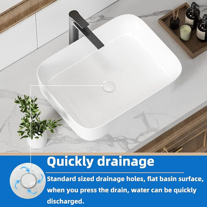 20" Rectangular Ceramic Vessel Sink, White Bathroom Vanity Sink Countertop | KINGWONG Modern No Overflow Wash Basin for Powder Room Guest Bath, Easy Clean Round Corners Above Counter Sink