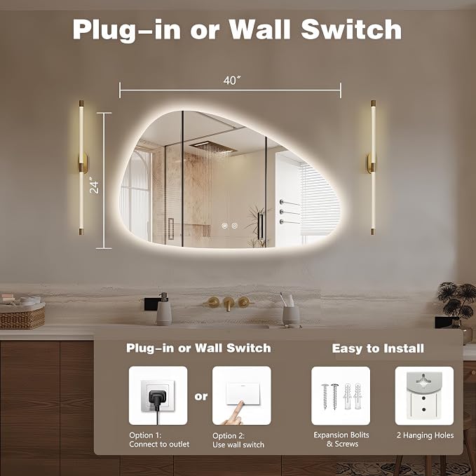 Niccy Irregular LED Bathroom Mirror, Frameless Backlit Wall Mirror, 24"x40" | Asymmetrica Lighted Mirror for Bedroom Living Room, Modern Smart-Mirror with 3 Color Lighting, Anti-Fog, Memory Function