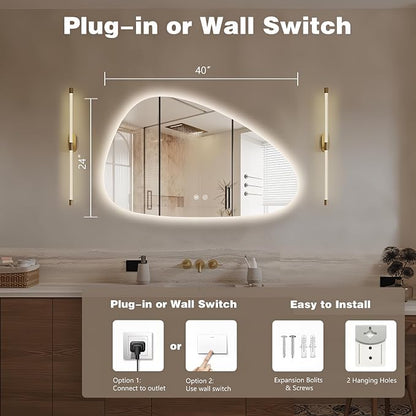 Niccy Irregular LED Bathroom Mirror, Frameless Backlit Wall Mirror, 24"x40" | Asymmetrica Lighted Mirror for Bedroom Living Room, Modern Smart-Mirror with 3 Color Lighting, Anti-Fog, Memory Function