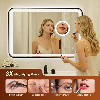 24x36 Inch Black Framed LED Bathroom Mirror with Lights,Magnifying Tempered Glass, Dimmable Lighted Bathroom Vanity Mirror with 3 Colors, Backlit + Frontlit,Anti-Fog