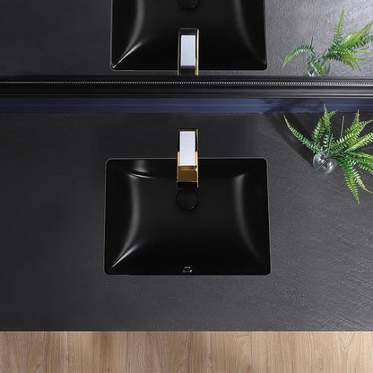 Undermount Bathroom Sink 20x15 Inch Small Bathroom Sink Black Porcelain Ceramic Bathroom Under Counter Lavatory Vanity Sink Basin Rectangular Undermount Sinks with Overflow
