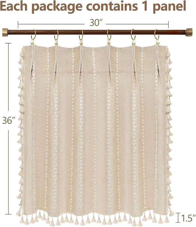 Seenus Beige Boho Farmhouse Window Curtain with Tassels, 30 x 36 Inch Light Filtering Sheer Short Cafe Window Curtain Tier, Linen Textured Pleated Small Window Drape for Kitchen or Bathroom, 1 Panel