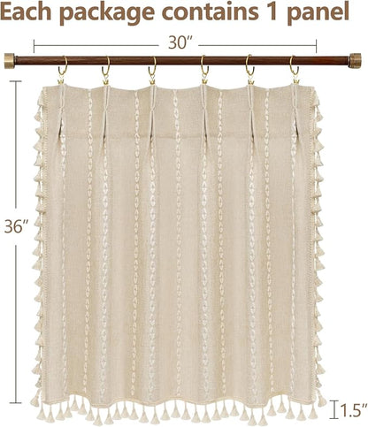 Seenus Beige Boho Farmhouse Window Curtain with Tassels, 30 x 36 Inch Light Filtering Sheer Short Cafe Window Curtain Tier, Linen Textured Pleated Small Window Drape for Kitchen or Bathroom, 1 Panel