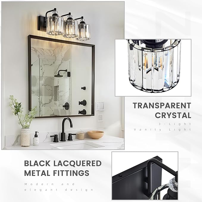 3-Light Black Bathroom Light Fixtures Over Mirror Modern Vanity Lights Crystal Wall Sconce Vintage Bathroom Lighting with Crystal Shade E26 Base for Bedroom, Living Room, Hallway