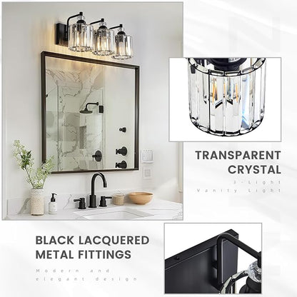 3-Light Black Bathroom Light Fixtures Over Mirror Modern Vanity Lights Crystal Wall Sconce Vintage Bathroom Lighting with Crystal Shade E26 Base for Bedroom, Living Room, Hallway