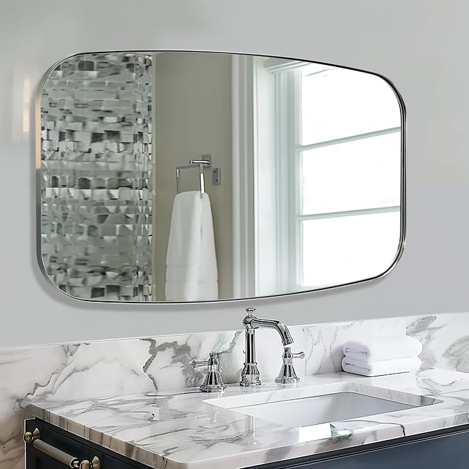 Chrome Oblong Mirror, 30x48 Inch Polished Chrome Oval Mirror for Bathroom with Stainless Steel Metal Frame, Wall Mouned for Bathroom, Living Room, Entryway