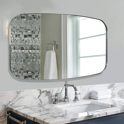Chrome Oblong Mirror, 30x48 Inch Polished Chrome Oval Mirror for Bathroom with Stainless Steel Metal Frame, Wall Mouned for Bathroom, Living Room, Entryway