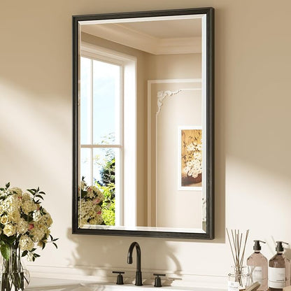 Keonjinn 24" x 36" Black Framed Bathroom Mirrors, Aluminum Alloy Frame | Tempered Glass with Beveled Edge, French Cleat, Lightweight, Rectangular Wall Mirror for Over Sink, Hallway, Entryway Decor