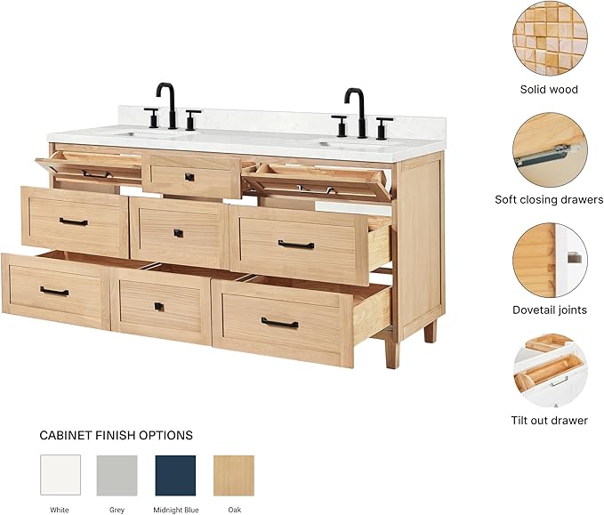 ARIEL Monroe 72-inch Bathroom Vanity with Sink,Solid Wood, 1.5-inch Carrara White Quartz Countertop & Backsplash, Double Oval Porcelain Sink, 9 Dovetail Drawers, Matte Black, White Oak