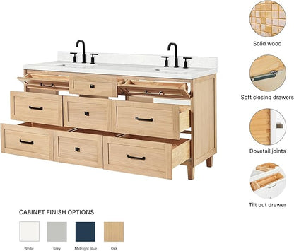 ARIEL Monroe 72-inch Bathroom Vanity with Sink,Solid Wood, 1.5-inch Carrara White Quartz Countertop & Backsplash, Double Oval Porcelain Sink, 9 Dovetail Drawers, Matte Black, White Oak