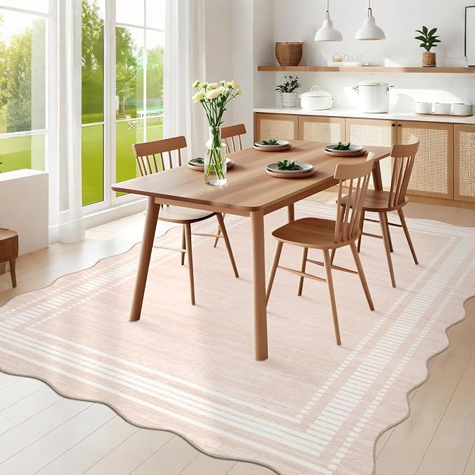 Garvee Scalloped Rug 10x13 Washable Area Rug for Living Room Natural Ivory | Rugs for Living Room, Non-Slip Soft Carpet for Bedroom, Scalloped Low-Pile Solid Rug Accent Rug for Dining Room Home Office