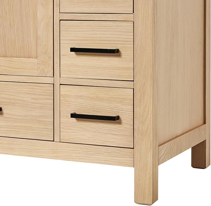 ARIEL Cambridge 42-inch Bathroom Vanity Base Cabinet,Solid Wood, 2 Soft Closing Doors, 5 Dovetail Drawers, White Oak