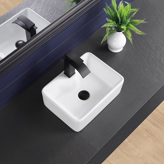 Vessel Sink 16"x12" Rectangular Bathroom Sink Modern White Porcelain Ceramic Above Counter Drop-in Vanity Sink for Bathrooms Art Basin with Faucet Hole