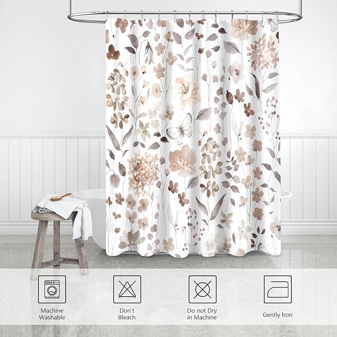 Extra Long Shower Curtain 72 x 96 Inch, Floor to Ceiling X-Long Brown Floral Shower Curtain, Watercolor Flower Butterfly Fabric Shower Curtain Set with Hooks