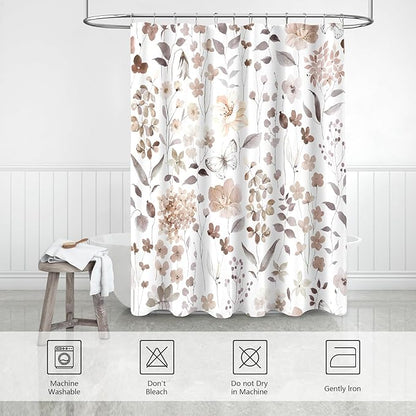 Extra Long Shower Curtain 72 x 96 Inch, Floor to Ceiling X-Long Brown Floral Shower Curtain, Watercolor Flower Butterfly Fabric Shower Curtain Set with Hooks