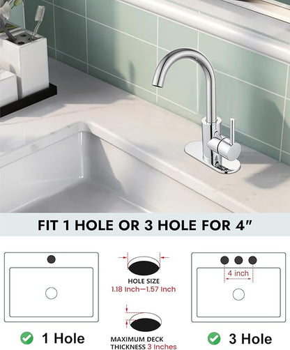 Midanya Single Hole Bathroom Faucet 1 Hole Bar Sink Faucet Suitable for Kitchen RV Vanity,304 Stainless Steel 360° Swivel Spout with Deck Plate and Pop-up Drain,Polish Chrome