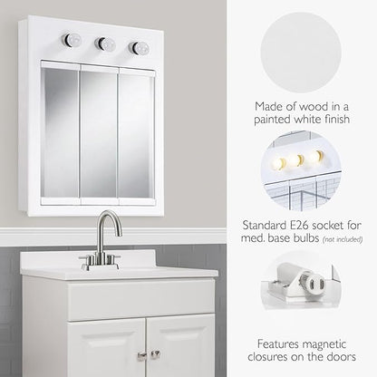 Design House Concord Medicine Cabinet, 3 Mirrored Doors, Pre-Assembled, 2 Fixed Shelves, Wall Mount, 3 Vanity Lights, White Frame Wall Cabinet, 24 in W x 5 in D x 30 in H, 532374-WHT