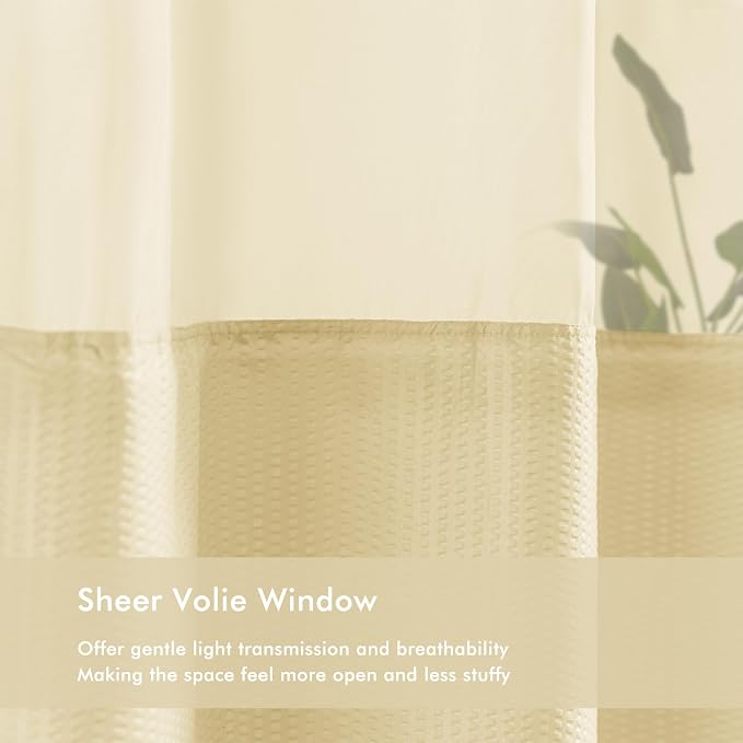 No Hook Shower Curtain with Snap-in Fabric Liner 71x74, Beige | Embossed Waffle-Look Textured, Sheer Window, Soft & Lightweight, Water Repellent Fabric Shower Curtain for Bathroom