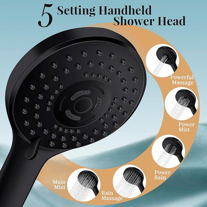 12" Black Rain Shower Head with Handheld Spray and 16" Extension Arm | High Pressure with Flexible Adjustment of Height/ Angle Upgraded Arm and 5 Setting Handheld Shower Head with Hose, Anti-leak