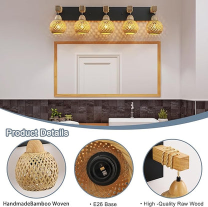 5-Light Boho Vanity Light, Farmhouse Bathroom Light Fixture, Rattan Bathroom Light Fixture Over Mirror Rustic Vanity Lighting with Handmade Bamboo Shades, Suit for Restroom, Bedroom, Hallway