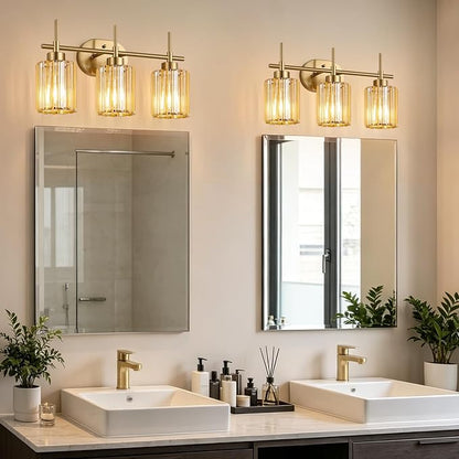 Modern Crystal Bathroom Light Fixtures Over Mirror, 3-Light Brushed Gold Bathroom Vanity Light with Amber Glass Shades, Modern Vanity Lights for Bathroom, E26 Base, Bulbs Not Included