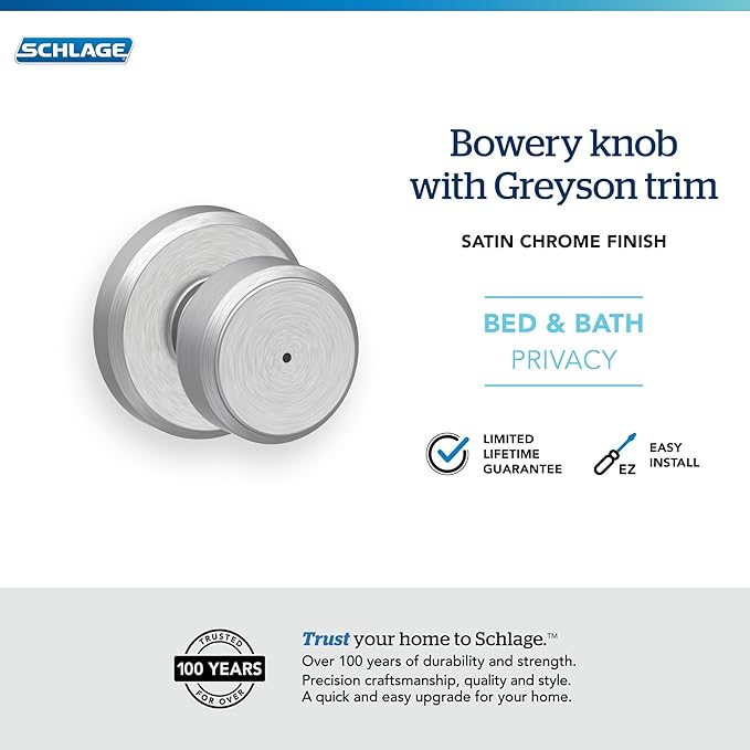 SCHLAGE F40 BWE 626 GSN Greyson Collection Bowery Privacy Lock Knob, Satin Chrome