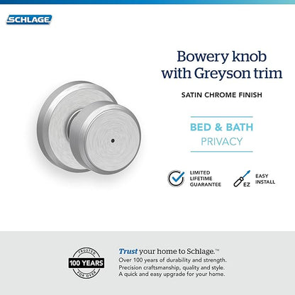 SCHLAGE F40 BWE 626 GSN Greyson Collection Bowery Privacy Lock Knob, Satin Chrome