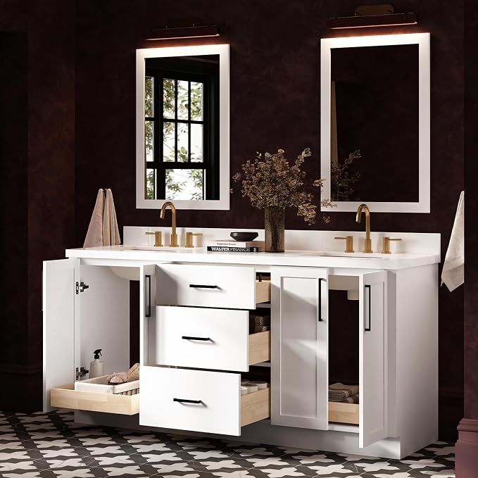 ARIEL Loren 72-inch Bathroom Vanity with Sink,Solid Wood, 1.5-inch Pure White Quartz Countertop, Double Rectangular Porcelain Sink, 4 Soft Closing Doors, 3 Dovetail Drawers, White