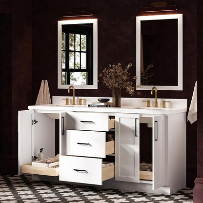 ARIEL Loren 72-inch Bathroom Vanity with Sink,Solid Wood, 1.5-inch Pure White Quartz Countertop, Double Rectangular Porcelain Sink, 4 Soft Closing Doors, 3 Dovetail Drawers, White