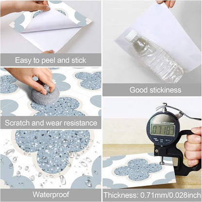 Peel & Stick Floor Tiles Self Adhesive Vinyl Flooring 11.8" x 11.8", DIY Tile Stickers for Kitchen Living Room Waterproof Removable Terrazzo Look Blue PP Material 10 Sheets