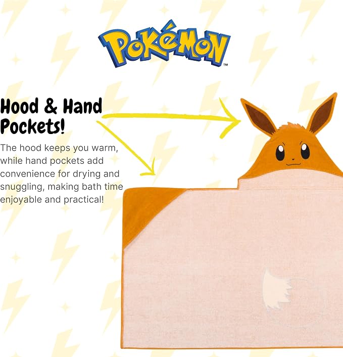 Pokemon Eevee Kids Super Soft Bath/Pool/Beach Soft Cotton Terry Hooded Towel Wrap, 24 in x 50 in, (Officially Licensed Product) By Franco