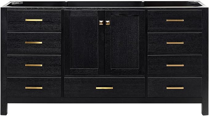 ARIEL Cambridge 66-inch Bathroom Vanity Base Cabinet,Solid Wood, 2 Soft Closing Doors, 9 Dovetail Drawers, Black Oak