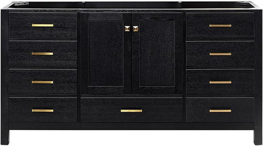 ARIEL Cambridge 66-inch Bathroom Vanity Base Cabinet,Solid Wood, 2 Soft Closing Doors, 9 Dovetail Drawers, Black Oak