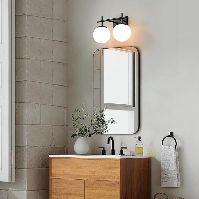 AIJIASI Black Bathroom Light Fixture Over Mirror, 2-Lights Vanity Lights with Milky White Frosted Glass Shade Mid Century Farmhouse Light Fixtures for Bathroom Above Mirror (Exclude E26 Bulb)