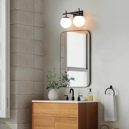 AIJIASI Black Bathroom Light Fixture Over Mirror, 2-Lights Vanity Lights with Milky White Frosted Glass Shade Mid Century Farmhouse Light Fixtures for Bathroom Above Mirror (Exclude E26 Bulb)