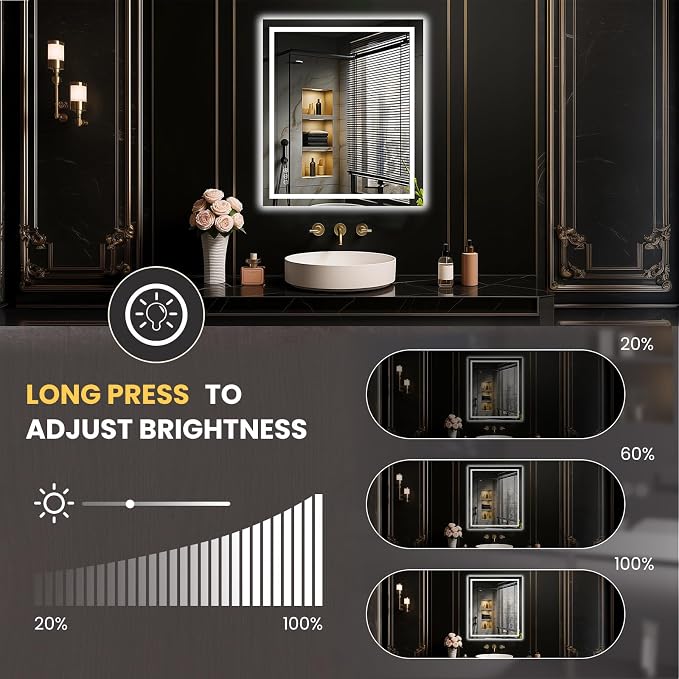 LOAAO 24"X28" LED Bathroom Mirror with Lights, UL Listed | Anti-Fog, Dimmable, 3 Color Temperature, Backlit + Front Lit, Memory Function, Tempered Glass