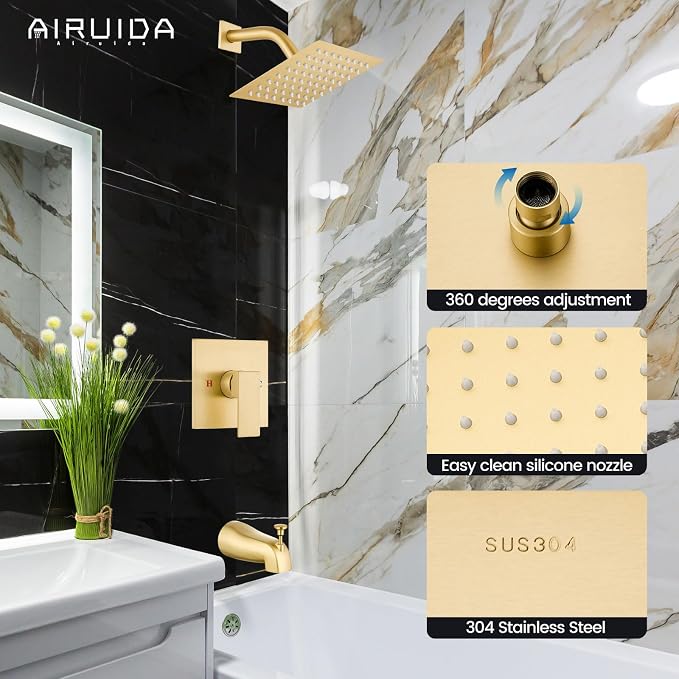 Airuida 6 Inch Shower Faucet Set,Bathtub Faucet Kit,Brushed Gold | Shower Tub Faucet Set,Male Threads Rough-In Valve,Square Head Shower System