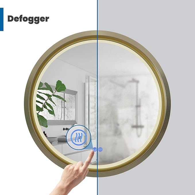 32 Inch Round LED Mirror for Bathroom, Gold Metal Frame Lighted Vanity Mirror with 3 Color Modes, Touch Dimmer - Anti-Fog Wall Mounted Circle Mirror with Lights - Fab Glass and Mirror