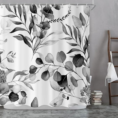 Black Eucalyptus Leaf Long Shower Curtain, Black Botanical Watercolor Plants Bathroom Curtain Bathtub Home Decor Waterproof Fabric Machine Washable with 12 PCS Hooks,72" Wx84 L