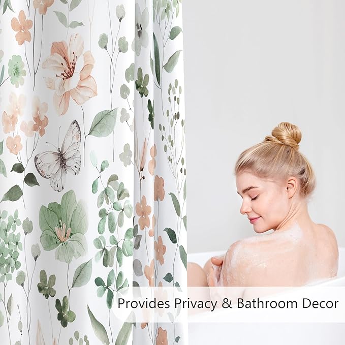 Extra Long Shower Curtain 72 x 84 Inch, Tall Sage Green Floral Shower Curtain for Bathroom, Watercolor Flower Butterfly Fabric Shower Curtain Set with Hooks