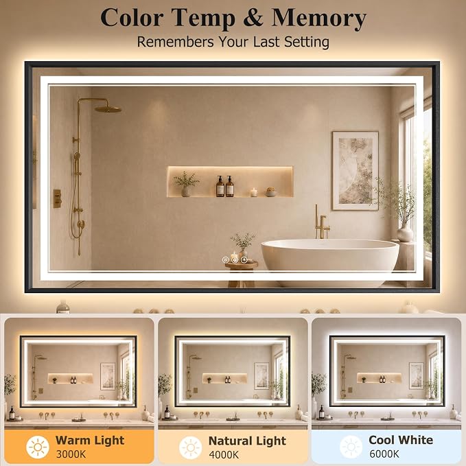 36"x60" LED Bathroom Mirror with Lights, Backlit + Front Lit, Anti-Fog | Lighted Bathroom Mirror with One-Piece Aluminum Alloy Frame, HD Shatterproof Tempered Glass, Dimmable, Memory Function