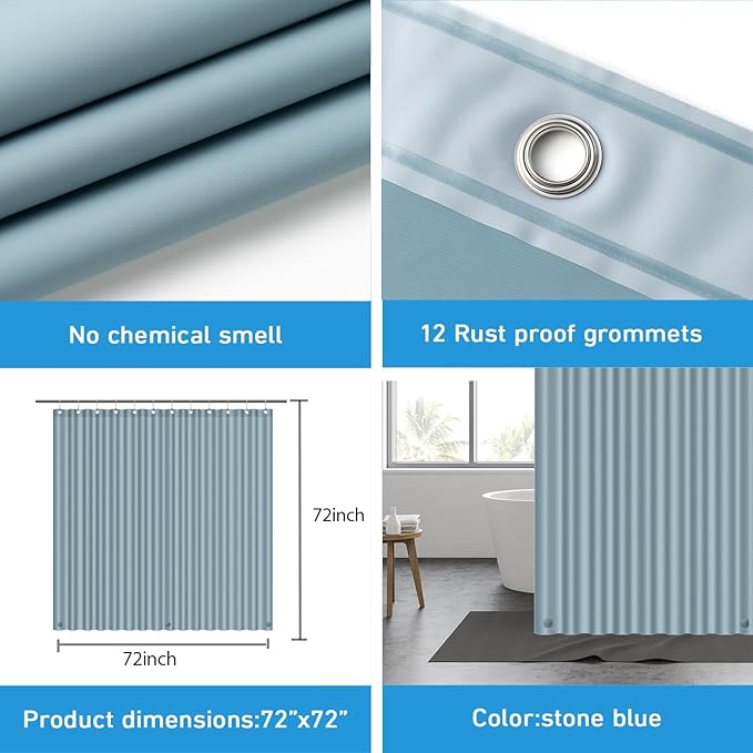 EHZNZIE Shower Curtain Liner Light Weight PEVA, Shower Liner 72x72 Inches, Waterproof, No Chemical Smell with 12 Rust Proof Metal Grommets for Bathroom Shower Curtain, Stone Blue