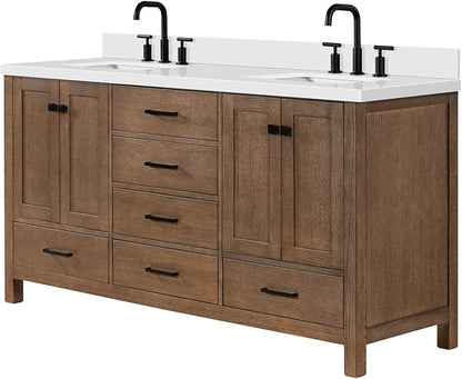 Beckford 66-Inch Brown Oak Double Bathroom Vanity with Sink, 1.5-Inch Edge Pure White Quartz Countertop & 4" Backsplash, Soft-Closing Doors & Drawers, Solid Oak Wood Construction